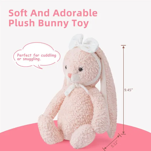 Miniatura 5 de Conejito de peluche de conejo suave, juguete de peluche de 10 pulgadas de largo, conejito de peluche con orejas y diadema de lazo blanco, juguetes
