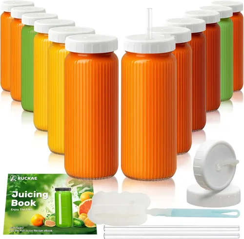 Miniatura 11 de Ruckae Paquete de 10 botellas de jugo de 16 onzas, botellas de vidrio con tapas, tapas de taza de batido y pajitas, botella de agua, vasos