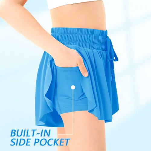 Miniatura 3 de QooNoo Girls Butterfly Shorts with Pocket Flowy Athletic Shorts High Waist Preppy Running Shorts for Kids Teen