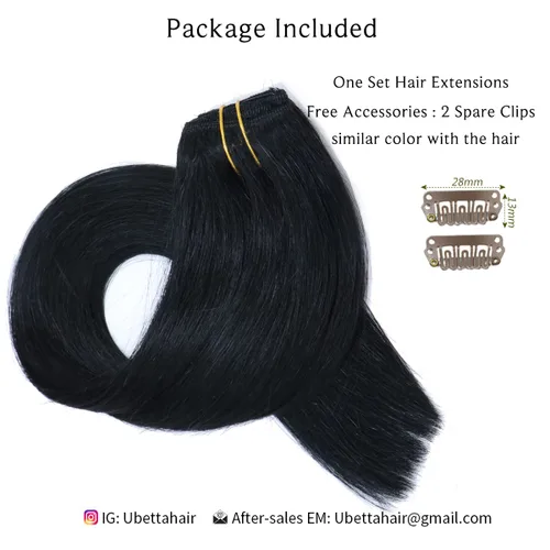 Miniatura 5 de Extensiones de cabello con clip Ubetta de cabello humano real, extensiones de cabello negro azabache con clip, 7 piezas, 70 g, extensiones