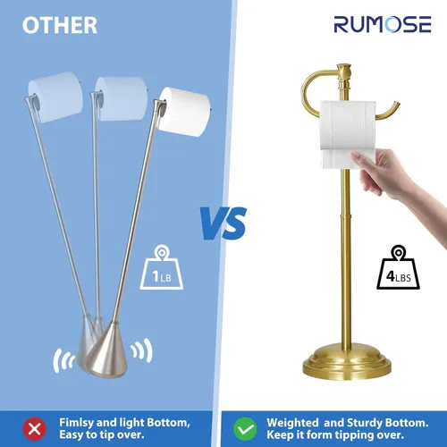 Miniatura 4 de Soporte para papel higiénico RUMOSE para piso, de oro cepillado ajustable (31.5 cm a 58 cm) Soporte de papel higiénico de baño, soporte de rollo
