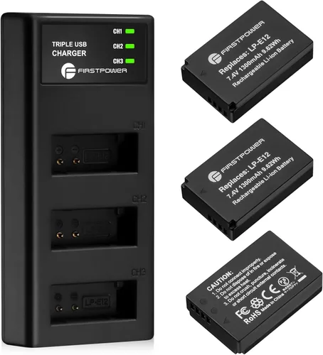 FirstPower Paquete de 3 baterías LP-E12 y cargador de triple ranura para cámaras Canon EOS M50, M50 Mark II, M, M2, M10, M100, M200, Rebel SL1,
