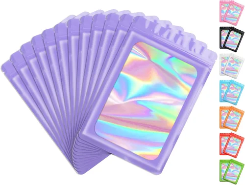 Miniatura 11 de FUNFERY 100 piezas de bolsas resellables transparentes holográficas, bolsas de embalaje a prueba de olores, bolsas de almacenamiento de alimentos