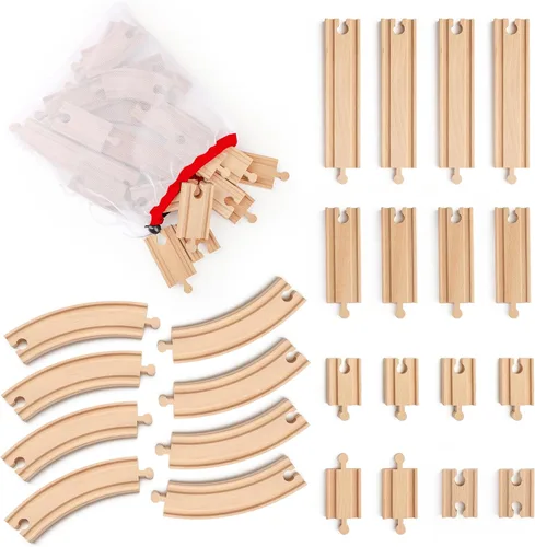 Miniatura 10 de Juego de 60 pistas de tren de madera, accesorios de expansión para niños pequeños de 3 a 5 años, 100% compatible con todas las principales marcas