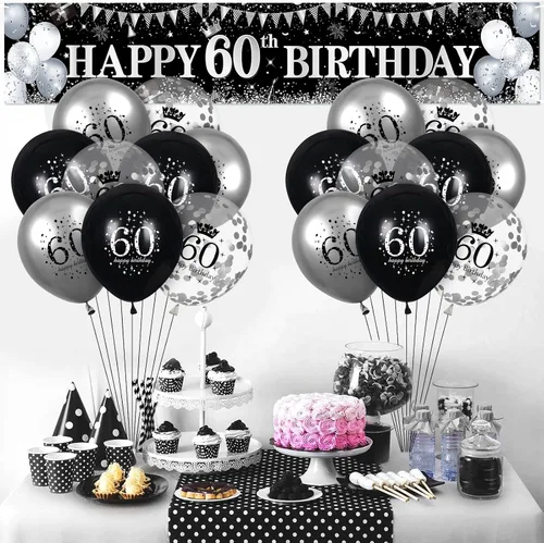 Miniatura 3 de Decoraciones de feliz cumpleaños 60, pancarta negra y plateada, letrero de patio, globos de 18 piezas para hombres y mujeres, fiesta de cumpleaños