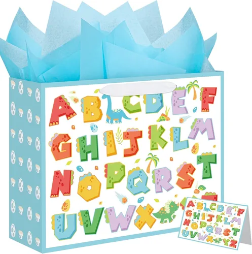 woric Bolsa de regalo grande de 14.5 pulgadas, bolsas de regalo de cumpleaños azules con papel de seda y tarjeta de felicitación para niños y niñas,