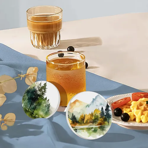 Miniatura 7 de Juego de 6 posavasos de mesa para bebidas, posavasos redondos de cerámica de acuarela bosque nebuloso, con base de corcho y soporte de metal, Bosque
