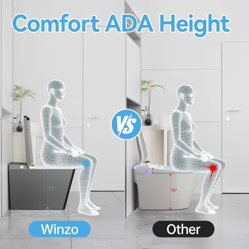 Miniatura 3 de WinZo Inodoro inteligente con tanque incorporado, altura cómoda cuadrada de una pieza con bidé de agua tibia, descarga de pies, inodoro inteligente