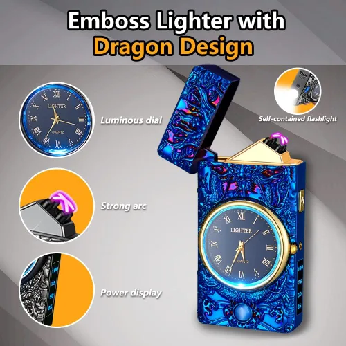 Miniatura 2 de Encendedor de dragón, encendedor de reloj, encendedor eléctrico a prueba de viento de plasma de doble arco, encendedor USB recargable con indicación