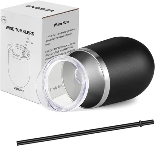 Miniatura 5 de VEGOND - Vaso de vino de acero inoxidable de 12 onzas con tapa y popote, vaso de vidrio de vino aislado de doble pared sin tallo, taza de café