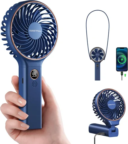Miniatura 11 de SWEETFULL Ventilador portátil de mano, batería recargable de 5000 mAh, viento de 6 velocidades, pantalla digital LED, mini ventilador de viaje Negro