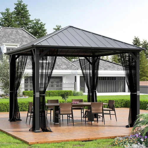 UDPATIO Gazebo de techo rígido de 10 x 10 pies, glorieta de metal para exteriores con techo de acero galvanizado, pabellón permanente con malla para