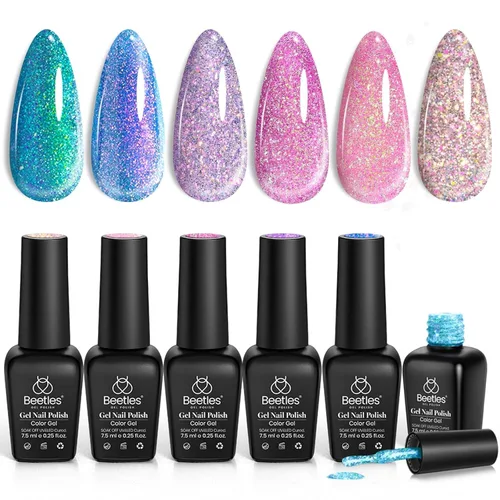 Miniatura 21 de Beetles - Juego de esmalte de uñas de gel de 6 colores, ojo de gato plateado, gel transparente rojo, rosa, amarillo, verde, negro, con efecto