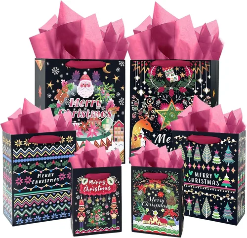 Miniatura 12 de qiqee Bolsas de regalo de papel surtido con asas de papel de seda, 8 bolsas de regalo de cartón de cumpleaños de animales florales para mujeres