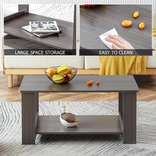 Miniatura 8 de Mesas de centro modernas de 2 niveles rectangulares de madera con amplio almacenamiento, perfectas para sala de estar, decoración de sala