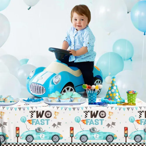 Miniatura 5 de GREHUMOR 3 manteles de cumpleaños de auto de carreras rápidas para niños, banderas azules a cuadros, cubierta de mesa de volante de carreras, mantel
