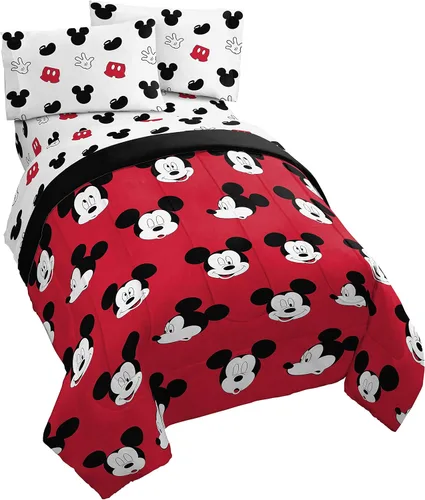 Jay Franco Disney Mickey Mouse Caras Lindas - Juego de cama individual de 4 piezas, incluye edredón y juego de sábanas - Microfibra de poliéster