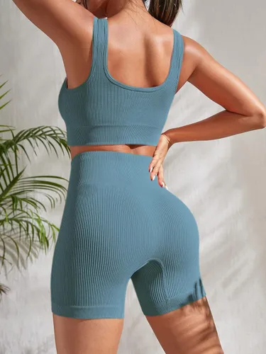 Miniatura 5 de YWBIN Conjunto de entrenamiento de 4 piezas para mujer, sin costuras, acanalado, cintura alta, pantalones cortos de yoga con brasier deportivo