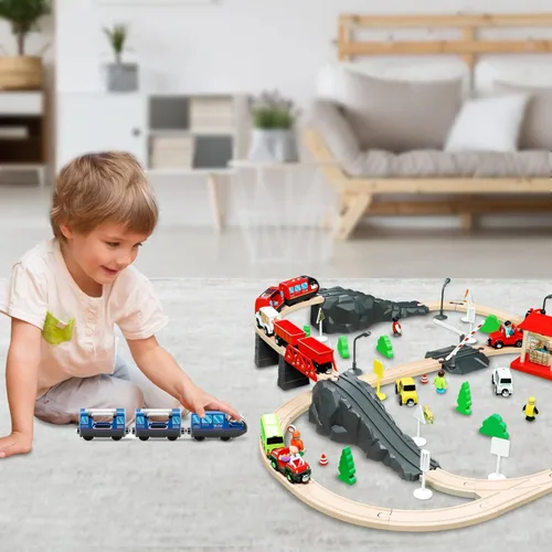 Miniatura 5 de Juego de pistas de tren de madera con pilas, juguete de alta velocidad para niños de 3, 4, 5 años, acoplamientos magnéticos para niños y niñas