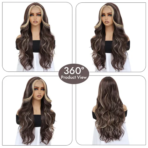 Miniatura 4 de Peluca de cabello sintético ondulado con encaje frontal, peluca marrón con reflejos rubios, pelucas largas onduladas de 28 pulgadas para mujeres