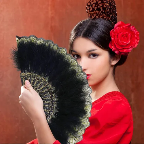 Miniatura 6 de Namalu - Abanico de plumas bordado, 2 piezas, diseño de marabú de los años 20, plegable, drag queen para mujeres de los años 20, disfraz de fiesta