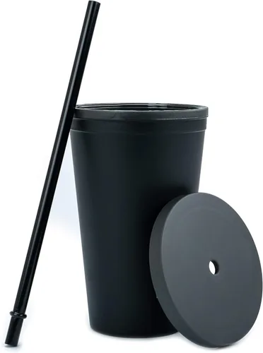 Miniatura 8 de STRATA CUPS Vasos clásicos negros con tapas (paquete de 12) – Vasos acrílicos de colores de 16 onzas con tapas y pajillas, vasos a granel