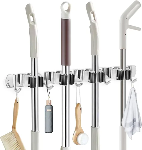 IMILLET Soporte para escoba con montaje en pared, soporte para escoba y fregona de acero inoxidable autoadhesivo, ganchos resistentes, organizador 4