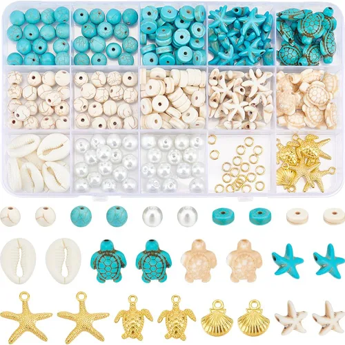Miniatura 18 de SUNNYCLUE 1 Caja 540 piezas Kit de Cuentas Oceánicas Vidrio Verano Pez Estrella de Mar Dijes Azul Hawaii Animales Marinos Dije Cuentas de Semillas