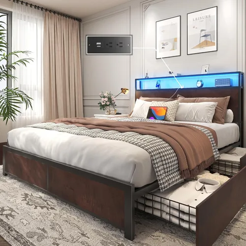 Miniatura 16 de Lifezone Estructura de Cama Full con Cabecero de Almacenamiento de 2 Niveles, Estructura de Cama de Plataforma de Metal con 4 Cajones de Marrón