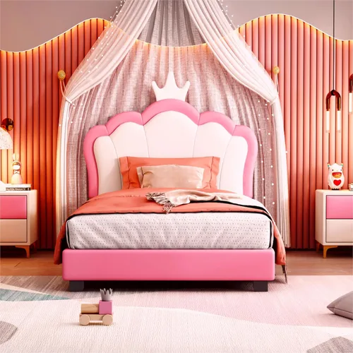 Miniatura 3 de Bonita cama de princesa tapizada de tamaño individual con cabecera corona, plataforma de piel sintética rosa para niños y niñas, no requiere somier