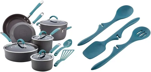 Rachael Ray Cucina - Juego de ollas y sartenes antiadherentes anodizadas duras, 12 piezas, gris y utensilios de cocina antiadherentes/cuchara
