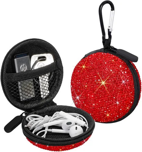 Miniatura 9 de SAVORI Estuche para auriculares pequeños con diamantes de imitación de cristal portátil, organizador de auriculares, bolsa de almacenamiento con Rosa