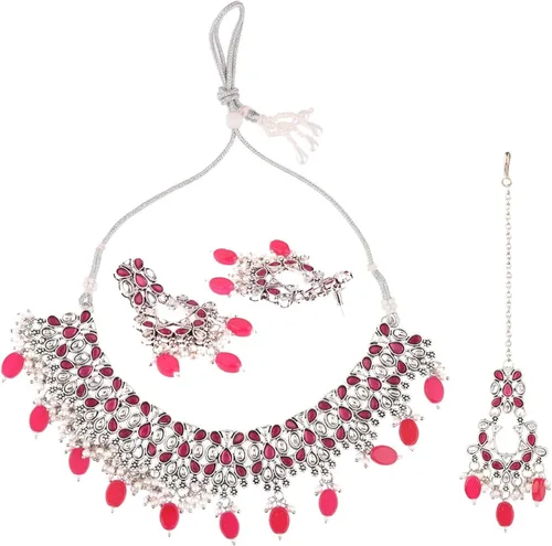Miniatura 5 de Efulgenz Jewelry Sets for Women Necklace Earrings and Maangtikka Bohemian Indian Oxidized Vintage Bridal Sets Faux Pearl Kundan Choker Necklace