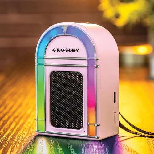 Miniatura 6 de Crosley CR3046A-PI Mini Jukebox Altavoz Bluetooth portátil con luces LED y micrófono, rosa Rosado