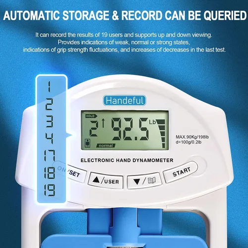 Miniatura 5 de Handeful Probador de fuerza de agarre, dinamómetro digital para medición de mano, captura automática electrónica de antebrazo y dedo de potencia