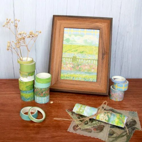 Miniatura 5 de Juego de 20 rollos de cinta washi vintage y 30 calcomanías para sellos de plantas naturales florales, cinta adhesiva estética para suministros