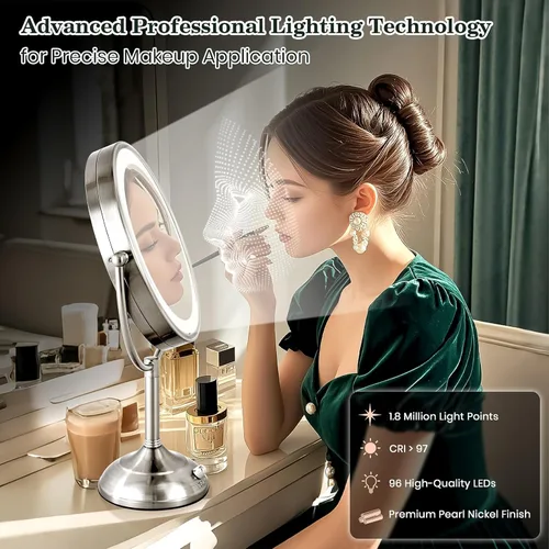 Miniatura 2 de VESAUR Espejo de maquillaje iluminado extra grande de 11.8" y 17" de alto, espejo de aumento de 3 lados 1X/5X/10X con 96 LED, 3 luces regulables