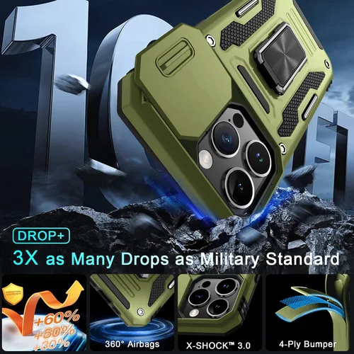Miniatura 220 de DEERLAMN Funda para iPhone Xs Max con funda deslizante para cámara + protector de pantalla, soporte giratorio de anillo de grado militar a prueba