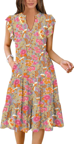 Miniatura 21 de ANRABESS Vestido de verano para mujer, manga con volantes, cuello en V, vestido midi a la moda, casual, holgado, escalonado, bohemio, playa