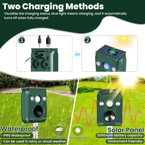Miniatura 3 de Repelente de gatos para exteriores, repelente solar ultrasónico de animales con detección de movimiento, dispositivo repelente de ciervos