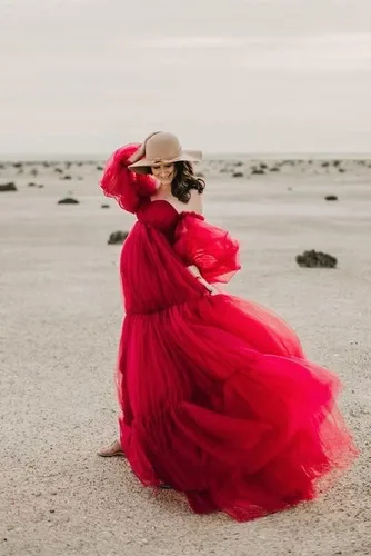 Miniatura 9 de Vestidos de maternidad de tul para sesión de fotos, batas de hombros descubiertos, manga larga, lencería nupcial, baby shower, vestidos de embarazo