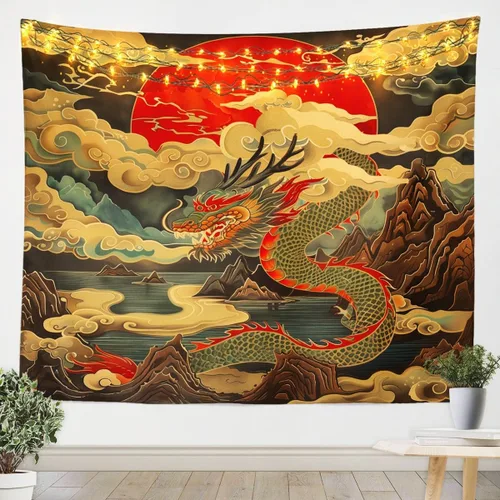 Erosebridal Arte de pared de dragón oriental para colgar en la pared, estilo japonés, montaña, mar, océano, decoración de pared, tapiz impreso con