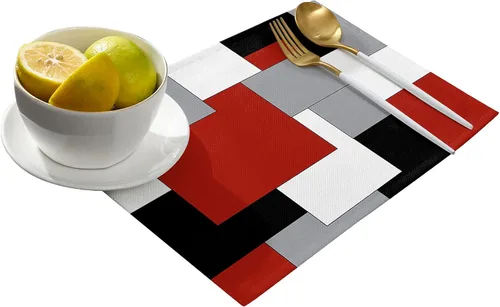 Miniatura 2 de Juego de 4 manteles individuales de color rojo, negro y gris, manteles individuales con aislamiento térmico antideslizantes, lavables, manteles