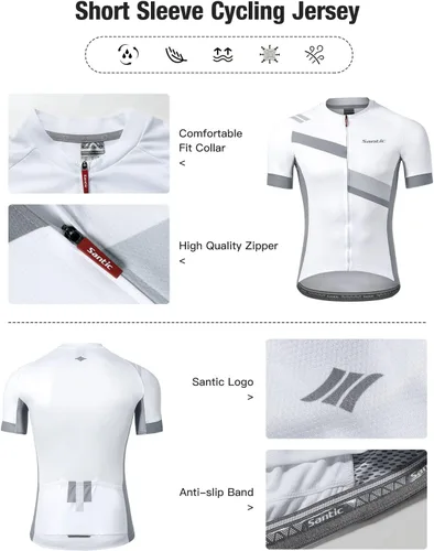 Miniatura 4 de Santic Camiseta de ciclismo para hombre, manga corta, camiseta de ciclismo de carretera, con cremallera completa, UPF 50+, MTB con bolsillos