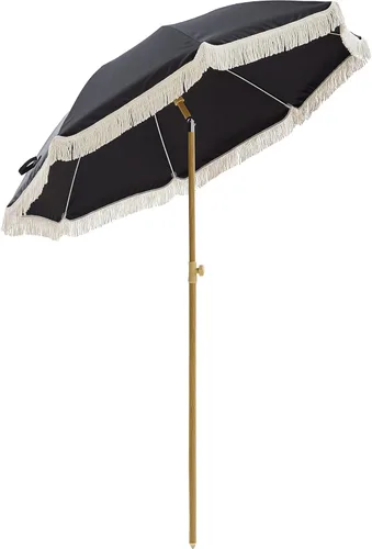 Miniatura 10 de Umberlla de patio bohemio de 6.5 pies con flecos, sombrilla para exteriores UPF50+ con varillas de fibra de vidrio y botón de inclinación, paraguas