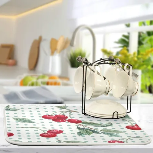 Miniatura 5 de Tapete de secado de platos con diseño de lunares de cereza y acuarela, para encimeras de cocina, fregaderos, tapete de secado absorbente resistente