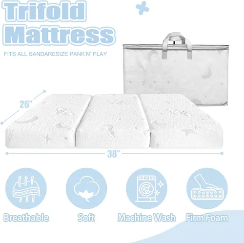 Miniatura 7 de Tri-fold Pack and Play Mattress, 38x26 Memory Foam & High Density Foam Baby Mattress for Pack N Play, Foldable Travel Pack N Play Mattresses