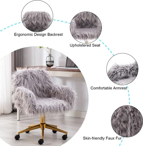 Miniatura 6 de Silla de escritorio moderna de piel sintética, silla de oficina en casa de piel sintética, silla giratoria ajustable, silla peluda para niñas, silla