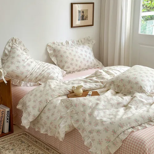 Miniatura 9 de MKXI Juego de ropa de cama con diseño de corbata de moño linda y rayas de flores rosas, tamaño individual, de algodón - Funda de edredón