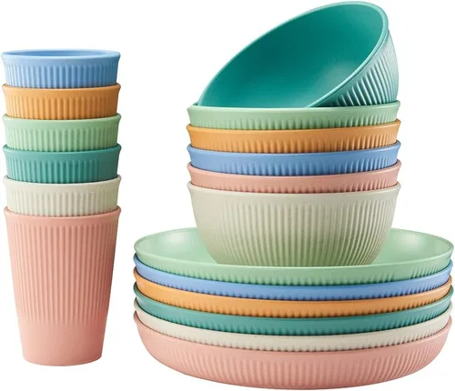 Juego de vajilla de paja de trigo de 18 piezas HXYPN irrompible y reutilizable | Juego de tazas de cocina, platos y cuencos aptos para lavavajillas